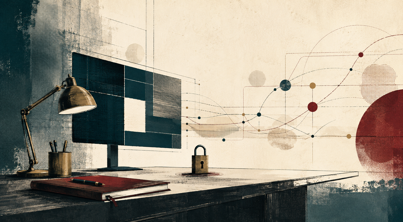 Editorial illustration of a cybersecurity desk with abstract network lines, a monitor, notebook, and lock.