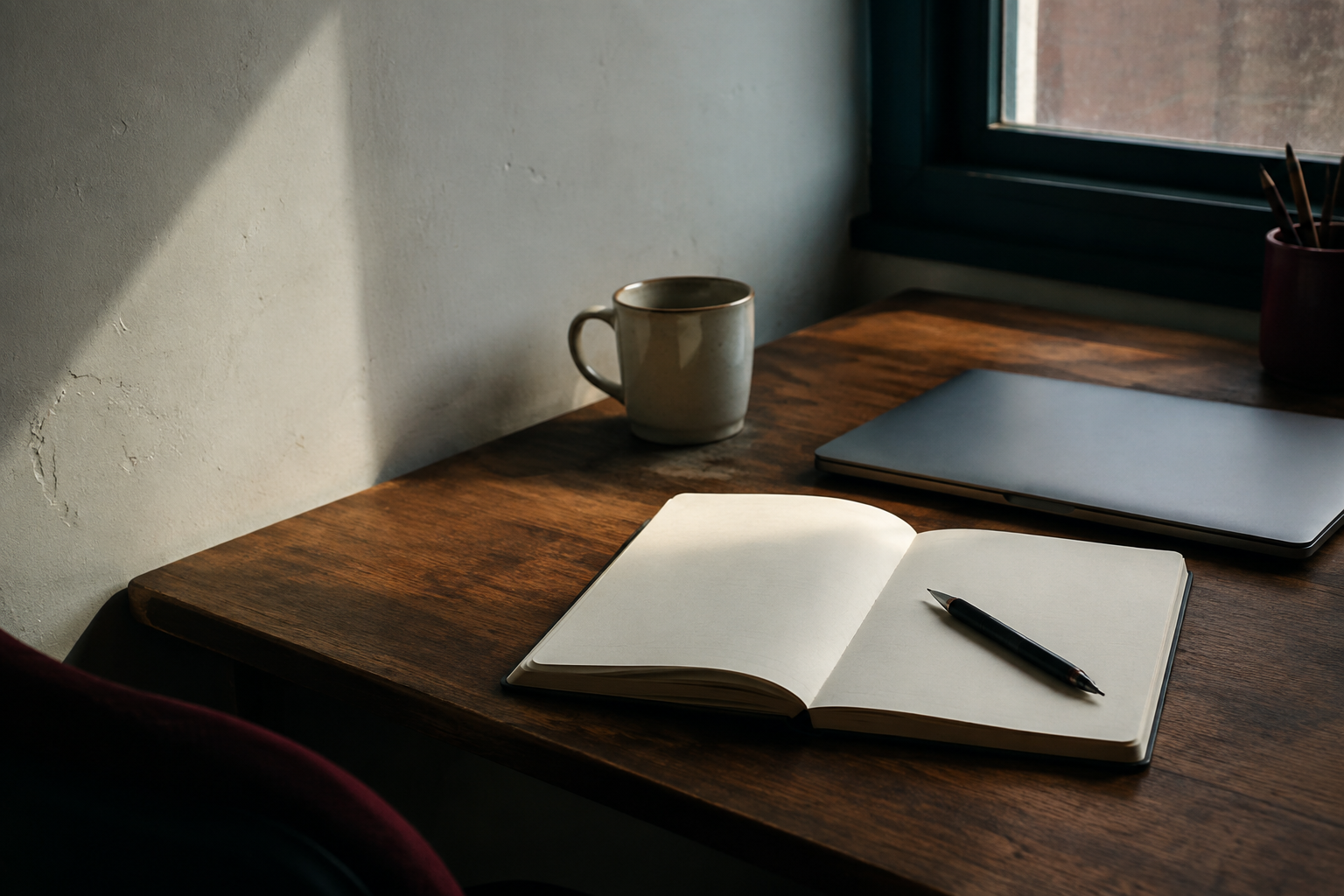An open notebook, pen, and closed laptop on a wooden desk