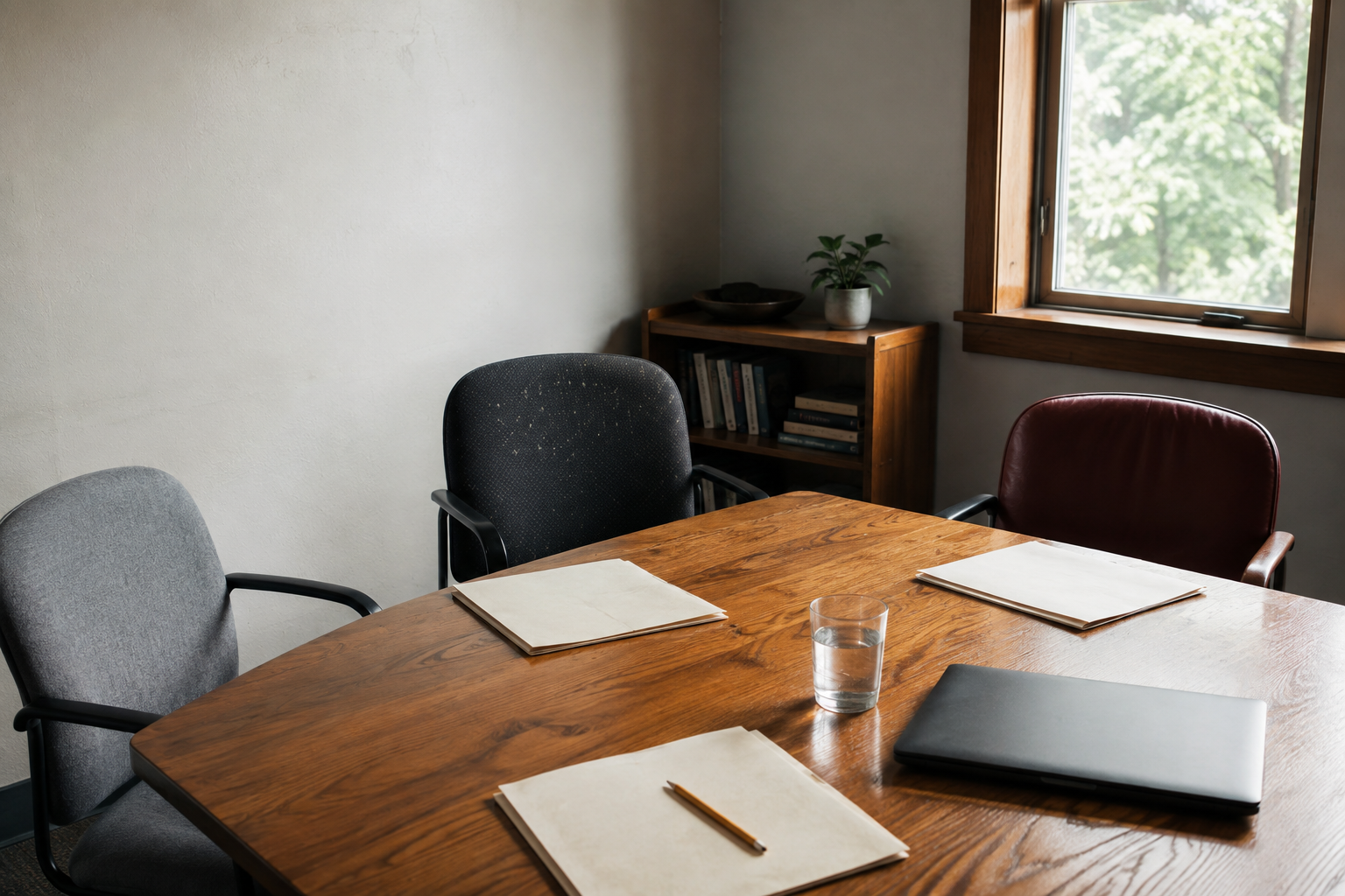 A prepared advisory meeting room with three chairs, folders, and a closed laptop.