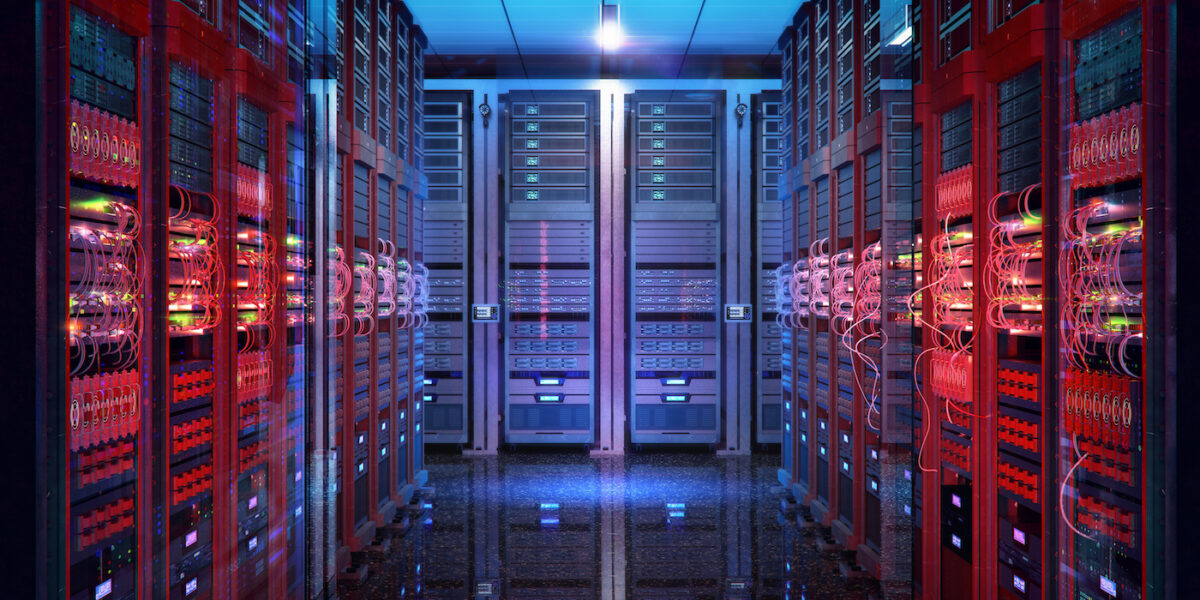 Data center with server racks, IT working server room with rows of supercomputers. 3D concept illustration of information technology, cyber network, hosting, data backup, render farm, storage cloud