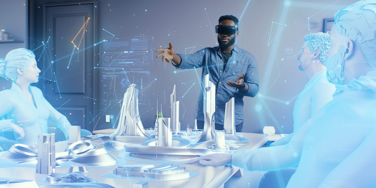 A man wearing vr glasses in the cyberspace of the meta universe at an online meeting, discussing a holographic 3D architectural design of a futuristic sustainable city of the future.